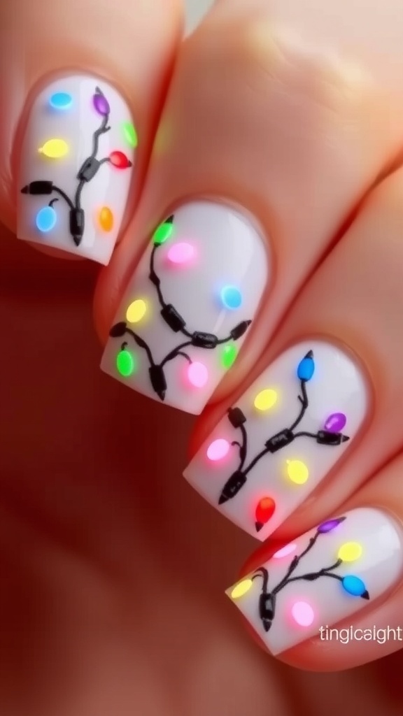 Christmas Lights Nail Art Design Nail art design with colorful Christmas lights on a light base color.